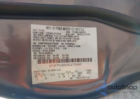 2003 Ford Taurus Se z USA, uszkodzony, nr VIN 1FAFP53203G173180